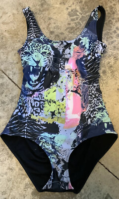 Onzie M/L Black/Neon Tiger Print One Piece Swimsuit W Cutout Back