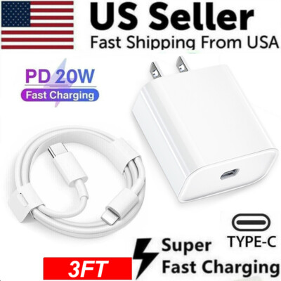 20W Wall Adapter Fast Power Charger + 3FT USB-C Cable for iphone 14 13 12 11 XR