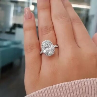 5.68 ctw Oval Cut Brilliant Moissanite 14K White Gold Over Halo Engagement Ring