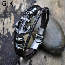 GK Leather Sailor Beach Nautical Anchor Bracelet Bangle Wristband Men Biker
