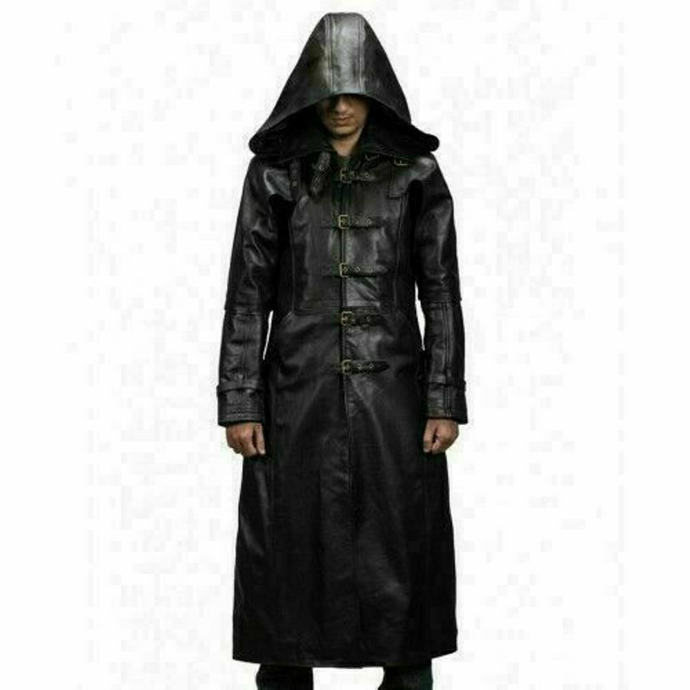 Men's Genuine Black Hooded Leather Trench Coat #3