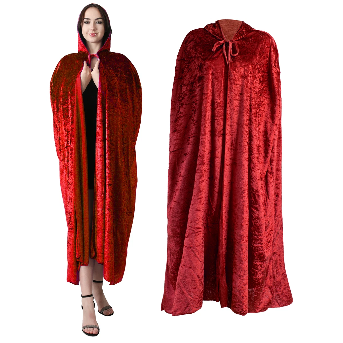 RED HOODED VELVET CAPE VAMPIRE HALLOWEEN VELOUR UNISEX ADULTS CLOAK FANCY DRESS