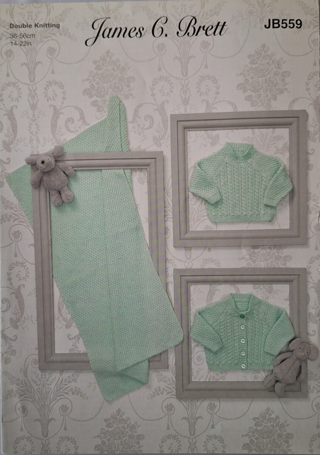 James C Brett Knitting Pattern JB559 - Baby Sweater, Cardigan & Blanket 14-22""