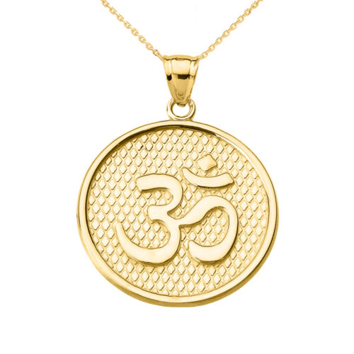 Collier pendentif disque rond or jaune 14 carats Om/Ohm yoga et méditation - Photo 1 sur 2