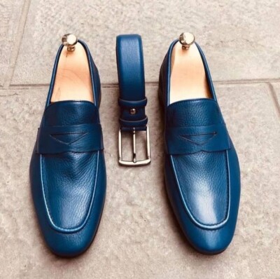 Handmade Blue Leather Penny Moccasins Shoes, Slip Ons Business Shoes, Dress Shoe