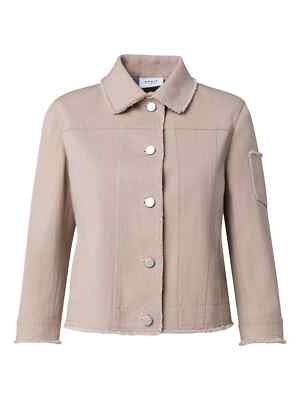 $1290 AKRIS PUNTO Kent Collar Denim Jacket 18 Sand Beige Fringe * TEAR & STAINS*