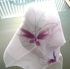 BEAUTIFUL HAND PAINTED SHEER WHITE SCARF-PURPLE BUTTERFLY'S TRIMMED IN SILVER