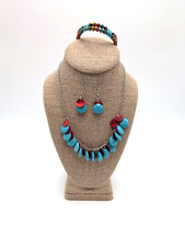 Turquoise Blue Acrylic Bead and Red Shell Necklace Earrings  Bracelet Set