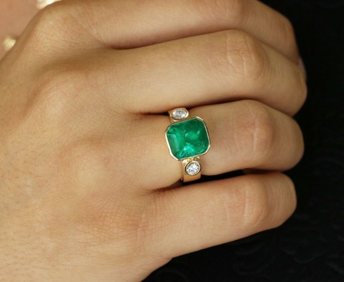 Art Deco Antique 3.70 Ct Natural Green Emerald Vintage Ring 14K Yellow Gold FN - Picture 6 of 7