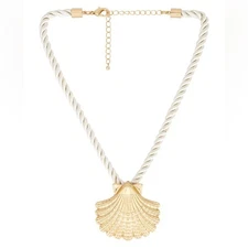 House of Harlow 1960 Statement Gold Shell Pendant Necklace on Cream Rope Cord