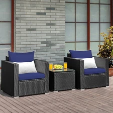 Patiojoy 3PCS Patio Rattan Wicker Furniture Set Table Sofa Yard W/Cushion Navy