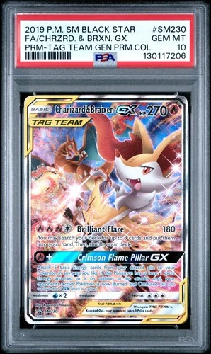 2019 POKEMON BLACK STAR SM230 FULL ART/CHARIZARD & BRAIXEN GX TAG TEAM PSA 10