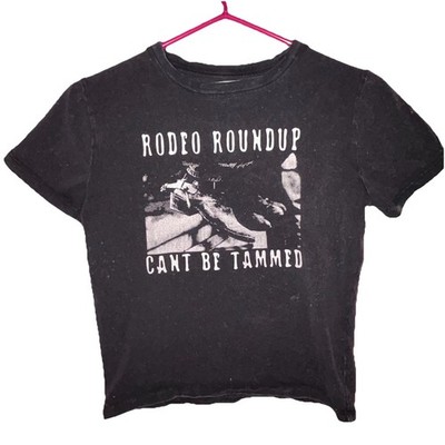 Urban Nation Women Black Graphic Rodeo Roundup Short Sleeve Crew T-Shirt XS
