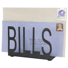 MyGift Black Metal Home Office Mail Holder Storage Rack with BILLS Cutout Design