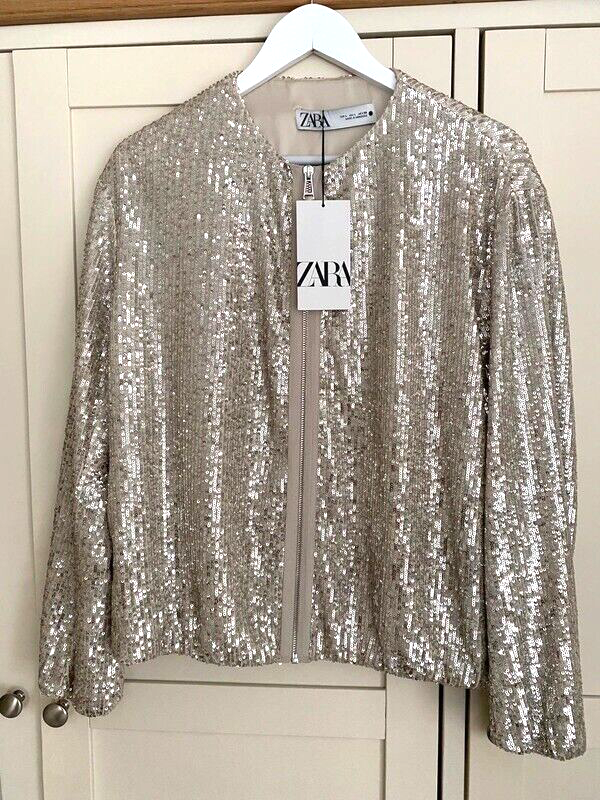 ZARA Sparkly SEQUIN RELAXED BOMBER JACKET Size L RRP £100 Silver