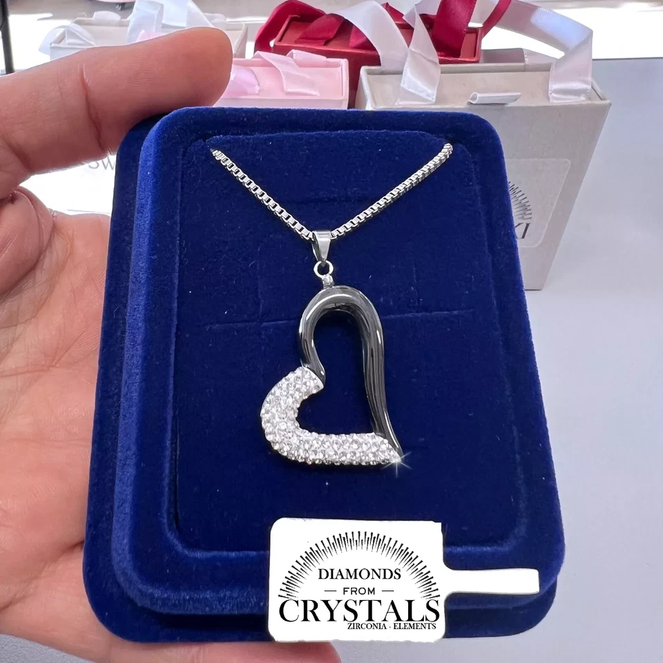 Collana Cuore Nero Grande Catenina pl. oro Bianco 18k con Cristalli Zirconi - Immagine 2 di 4