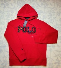 POLO RALPH LAUREN Hoodie Small Large Mens Red Blue Striped Logo Fleece Sweater