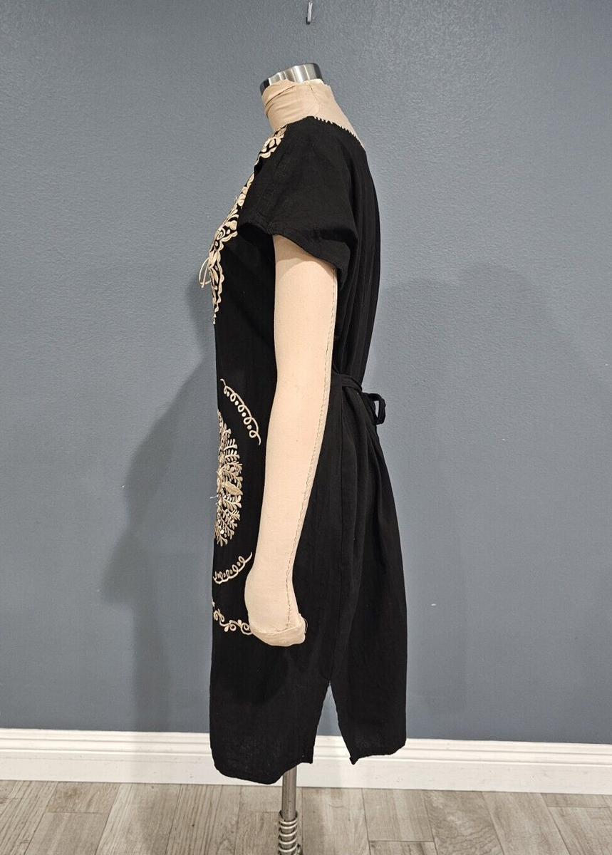 Mexican Women Black Gold Embroidered Tie Back Dress L/XL | eBay
