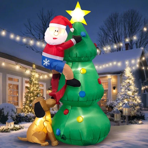 6 Fuß aufblasbarer beleuchteter Weihnachtsbaum mit niedlichem Weihnachtsmann und Hund Außendekoration - Bild 1 von 20