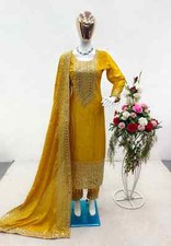 Classic Look Chinnon Silk Yellow Salwar Kameez And Dupatta For Women  Girls