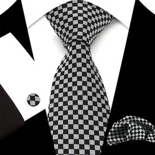 New Checks White Black Jacquard Silk Men's Tie Necktie Hanky Cufflink Set
