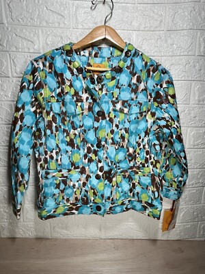 RUBY Rd Size 10 Unlined JACKET Beaded Snap Front Turks & Caicos Print BLUE NWT