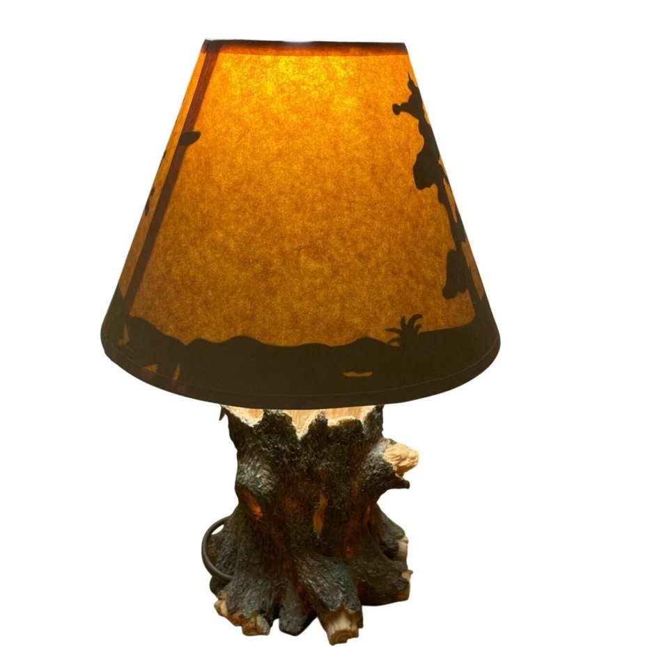Rustic Tree Table Lamp w Bear Scene Cutouts Amber Glow Shade Lodge Cabin Decor - Image 2 of 4