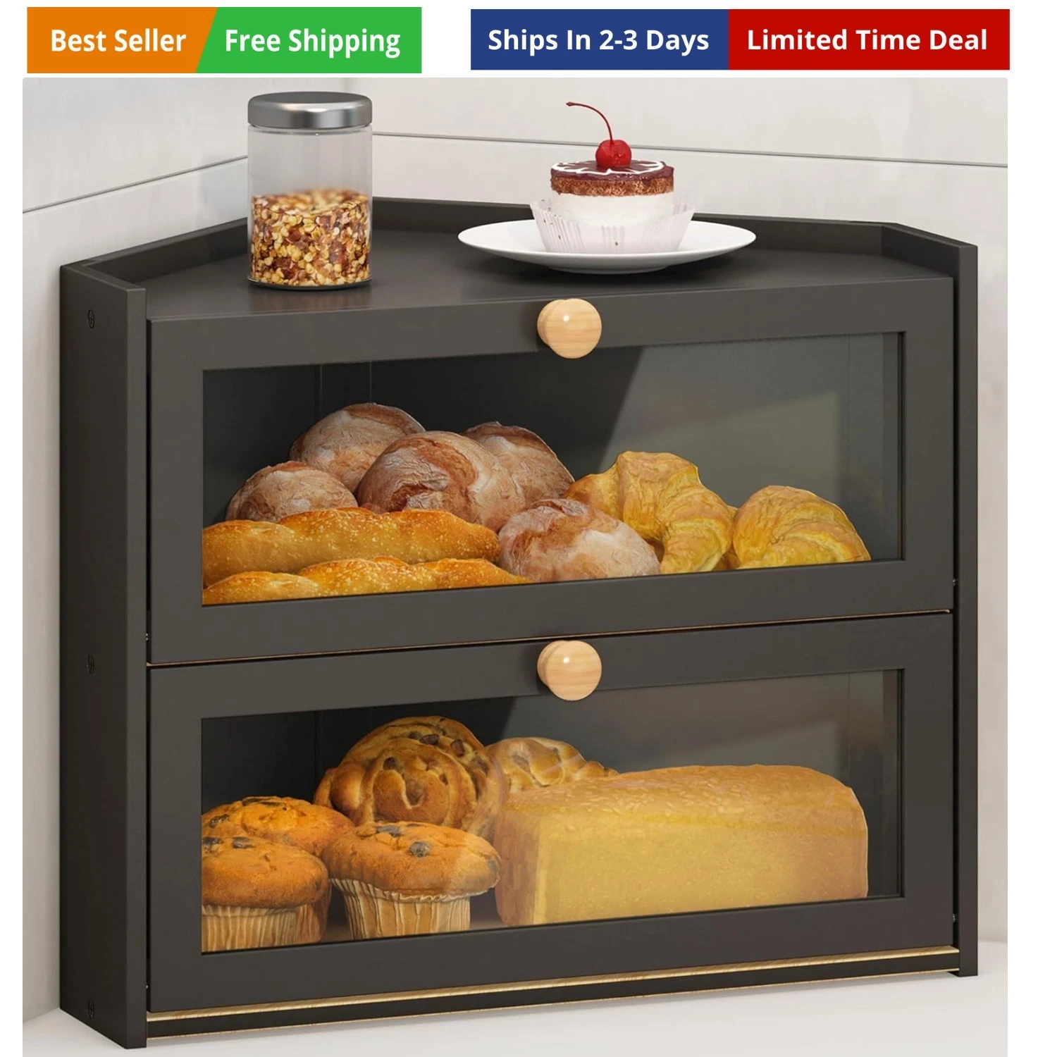 Black for Kitchen Countertop, Large Bread Container Storage Bamboo Wooden Far...