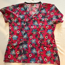 Dickies Uniform Scrub Top Dark Pink w/Flowers Preowned Condition X-9