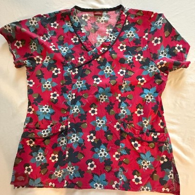 Dickies Uniform Scrub Top Dark Pink w/Flowers Preowned Condition (X-9)