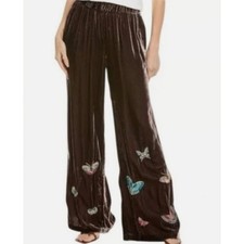 365 Johnny Was LUCIANA Wide Leg Velvet Silk-blend Butterfly Pants Sz XS Brown