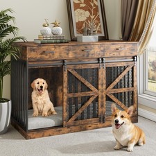 48 Inch Large Dog Crate Furniture with 3 Storage Drawers, Wooden Pet Kennel w...