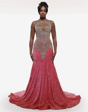 Pink Silver Sequin Beaded Mesh Mermaid Gown Sleeveless Long Formal Dress
