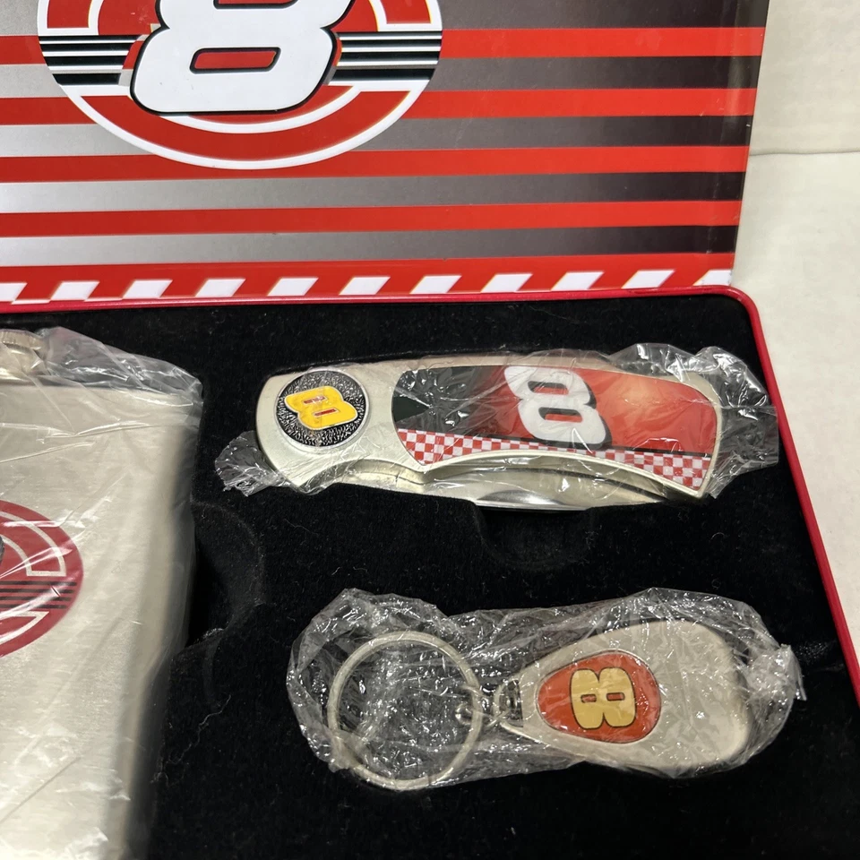 Dale Earnhardt Jr. #8 Flask, Pocket Knife with Bottle OpenerKeychain & Metal Tin - Image 4 of 4