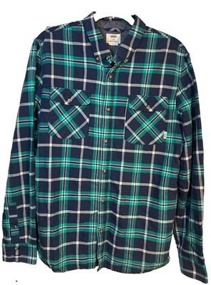 VANS Mens L Button Down Flannel Green Blue Plaid Long Sleeve Cotton Shirt