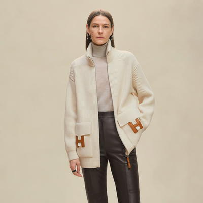 Hermes H Pocket Logo Blanc Zip Up Zipper Cardigan Sweater Wool