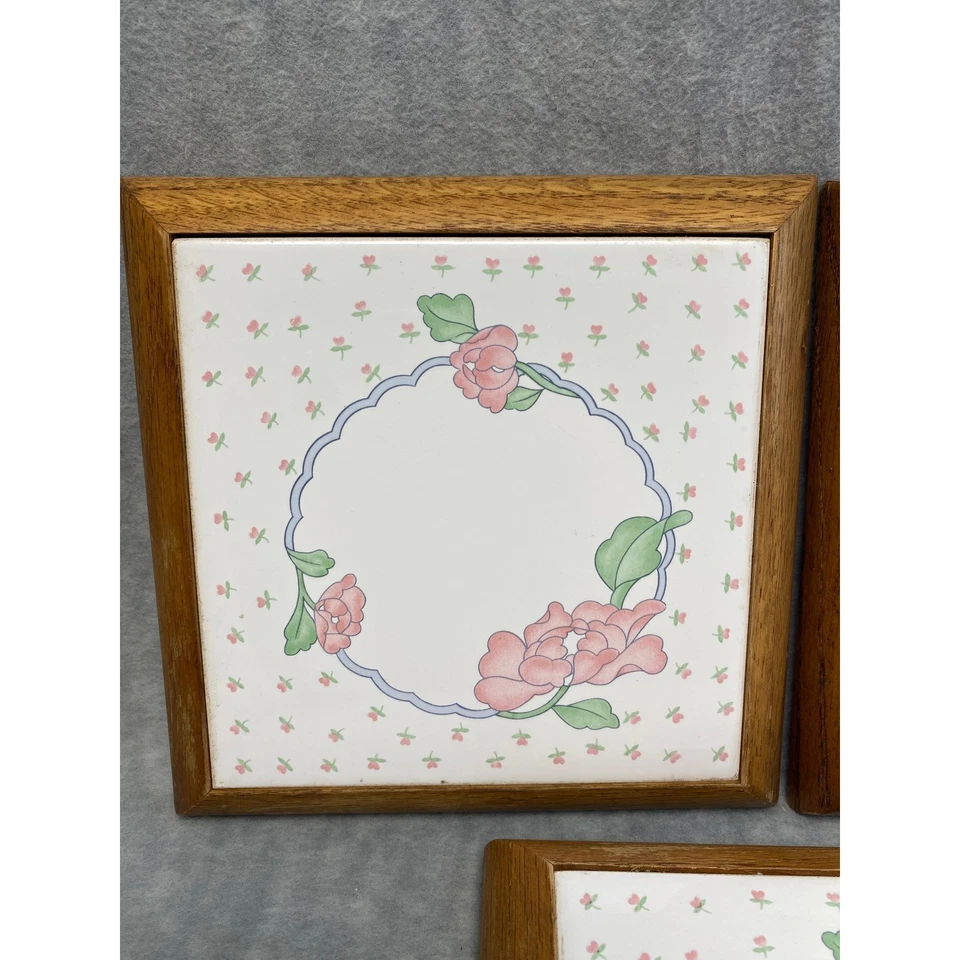 Juego de 3 remaches de madera vintage florales de cerámica decoración retro rosa verde Foto 2 de 4