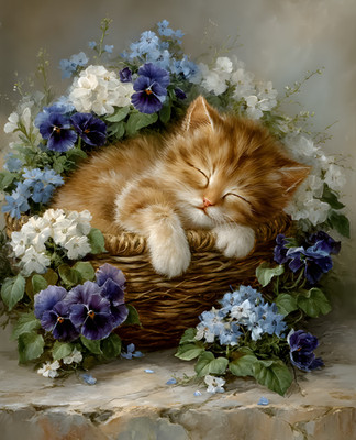 8x10 Kitten Sleeping in Basket of Flowers Art Print - 896100967