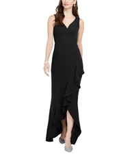 Adrianna Papell Womens Solid Ruffled Gown Asymmetrical Dress, black, 10