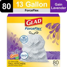 Glad ForceFlex Tall Kitchen Trash Bags - 13 Gallon - Gain Lavender - 80 Count