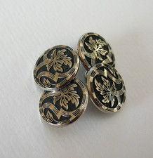 Vintage Art Deco Double Sided Cufflinks Black Enamel Silver Tone Leaf Ribbon