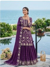 Embroidered Purple Women  s Sharara Salwar Indian Suit with Dupatta S- Medium 38  