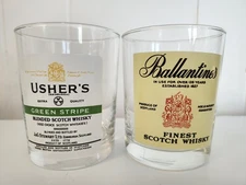 Lot Of 2 Scotch Whiskey Glasses, Ballentines And Ushers Green Stripe Scottish 