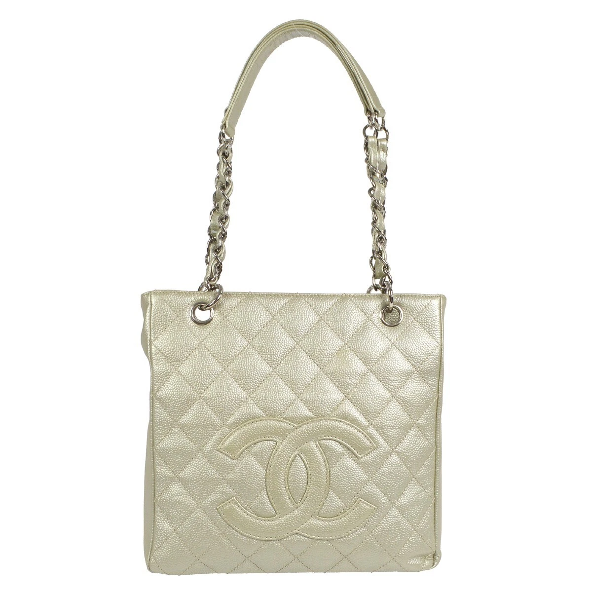 Chanel Petite Shopping Tote PST Chain Hand Tote Bag Silver Caviar 10360906  99501