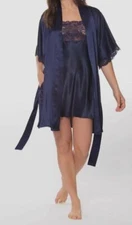 $400 Christine Lingerie Women's Blue Bijoux Short Relaxed Fit Silk Robe Size S