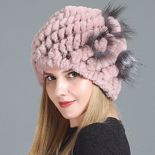 Damen Echt Rex Kaninchenfell Beanie Mütze Winter Warm Mütze mit Fuchs Handarbeit Geflochten - Bild 35 von 52