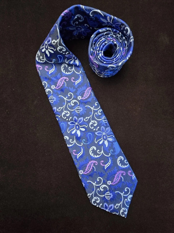 Corbata de seda XMI platino azul marino, azul, plata, violeta cachemira floral 59/3,5 Foto 2 de 4