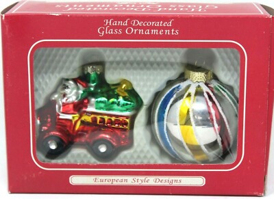 Fire Truck &  Ball European Style Glass Ornaments  Box of 2 Hand Decorated  #D13