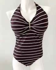 Next Dark Aubergine Purple Stripe Swimsuit UK 16