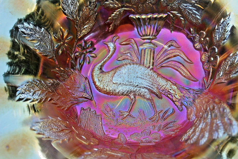 ANTIQUE MILLERSBURG PEACOCK CARNIVAL GLASS LARGE BERRY BOWL, MARIGOLD